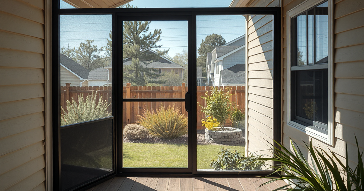 New screen door installed on a back porch entry