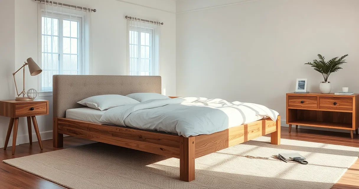 Newly assembled wooden bed frame with headboard in a bright bedroom