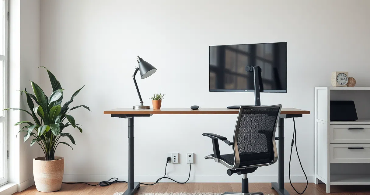 Assembled home-office desk with monitor arm and cable tray