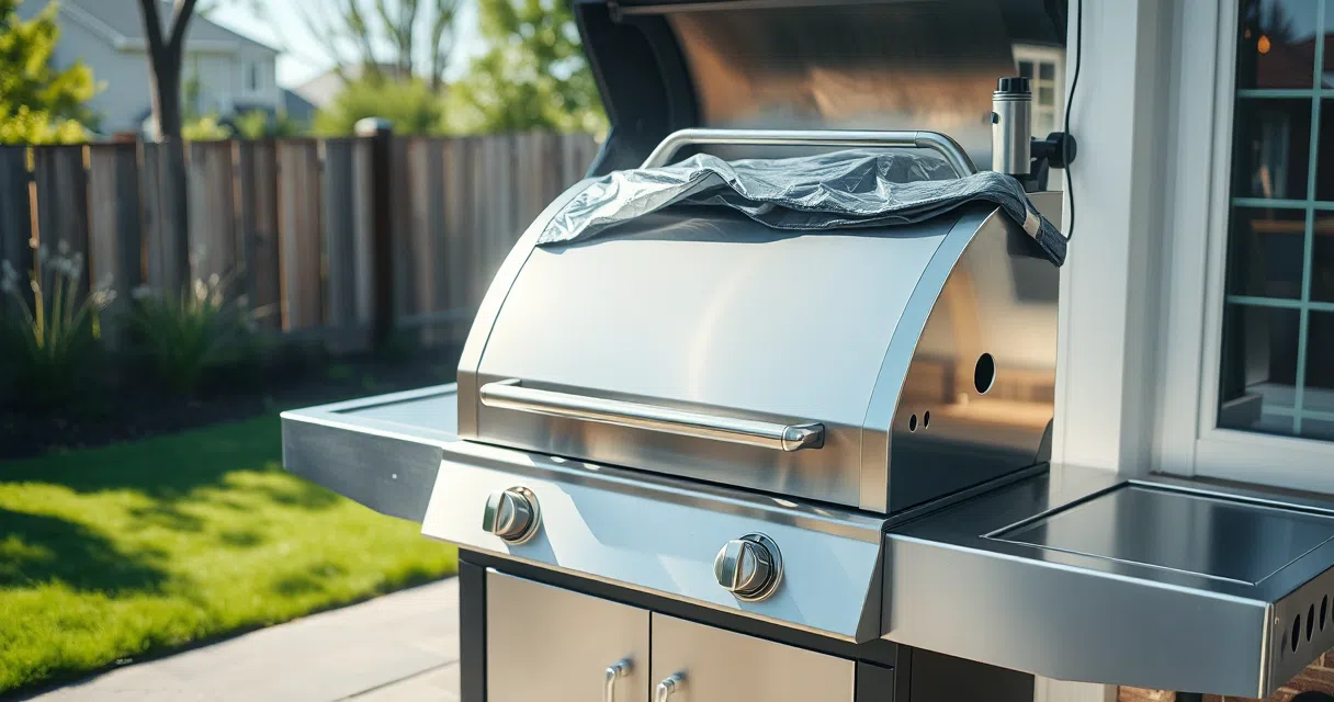 Newly assembled stainless BBQ grill on a backyard patio