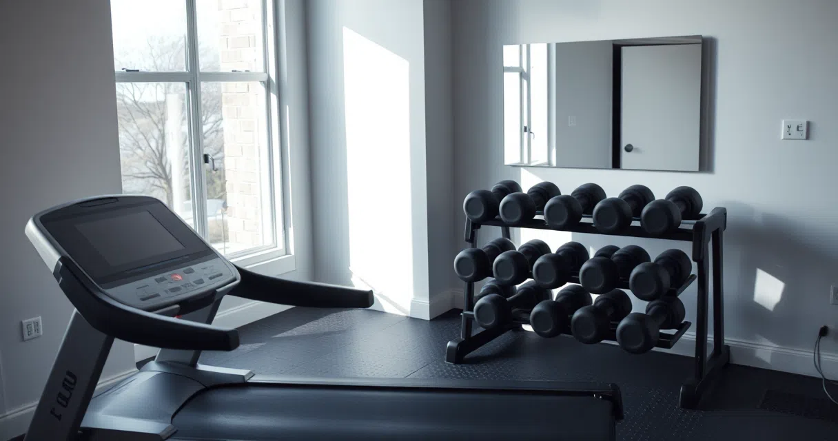 Assembled treadmill and adjustable dumbbells in a home gym corner