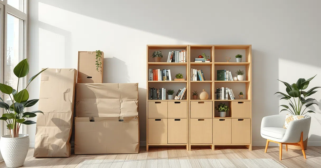 Flat-pack furniture boxes next to the finished assembled bookshelf
