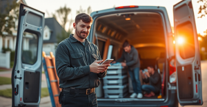 Small trades crew leader checking field service software on his phone beside his work van