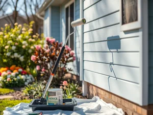 Painter rolling fresh exterior paint on a home in spring