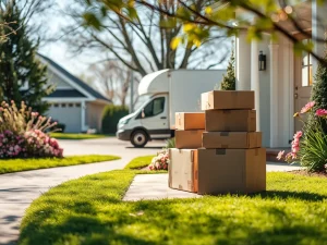 Family unloading boxes on spring moving day