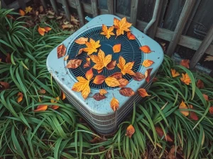Neglected outdoor AC unit clogged with debris before spring service