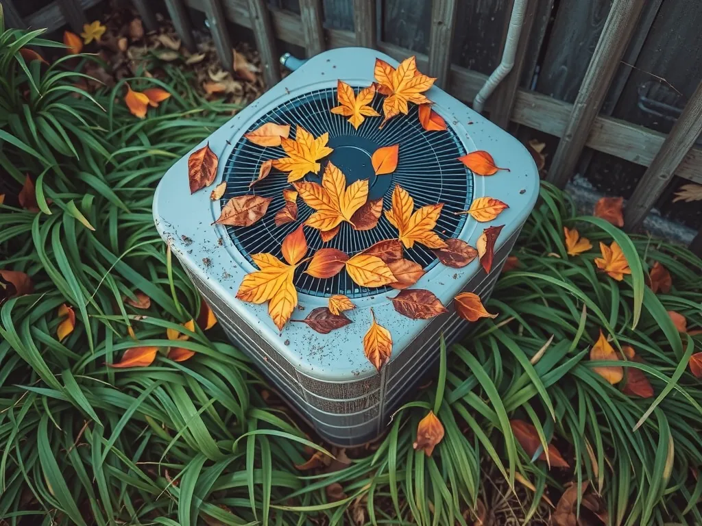 Neglected outdoor AC unit clogged with debris before spring service