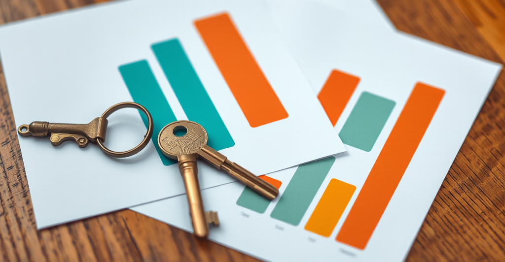 House keys and a level resting on wordless bar charts about home repair