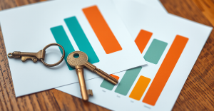House keys and a level resting on wordless bar charts about home repair