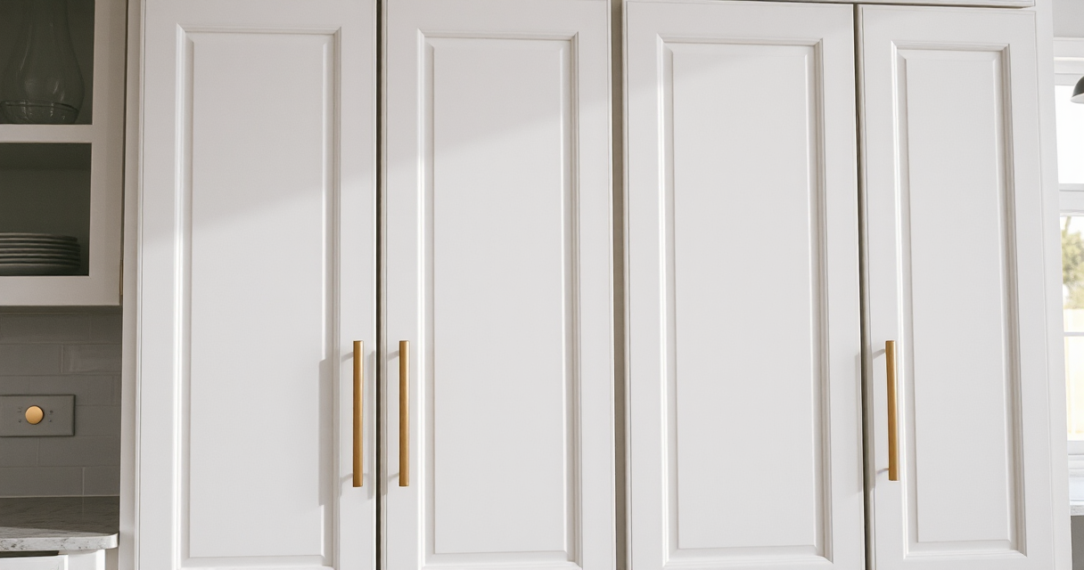 Kitchen cabinet doors aligned with new soft-close hinges and matching handles
