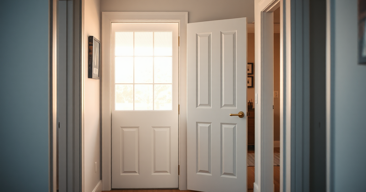 Freshly repaired interior door with new brass hinges and handle in a bright hallway