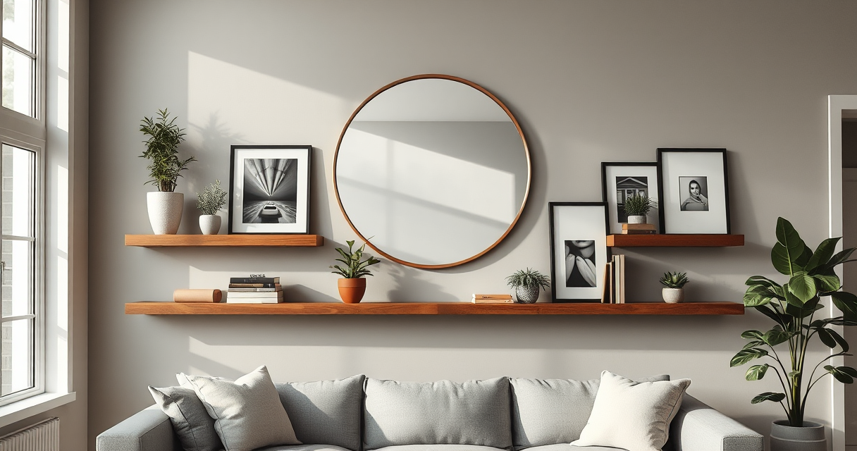 Neat wall of newly hung shelves, mirror and framed pictures