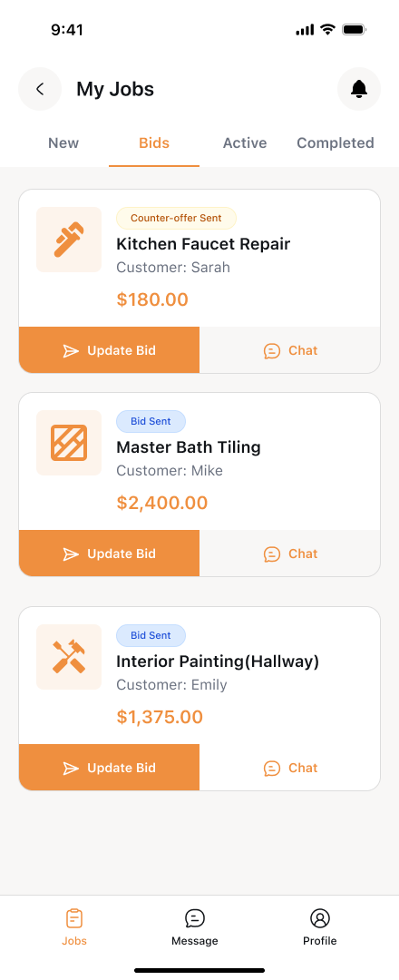 JobPro app bids pipeline showing three active contractor bids with job budgets