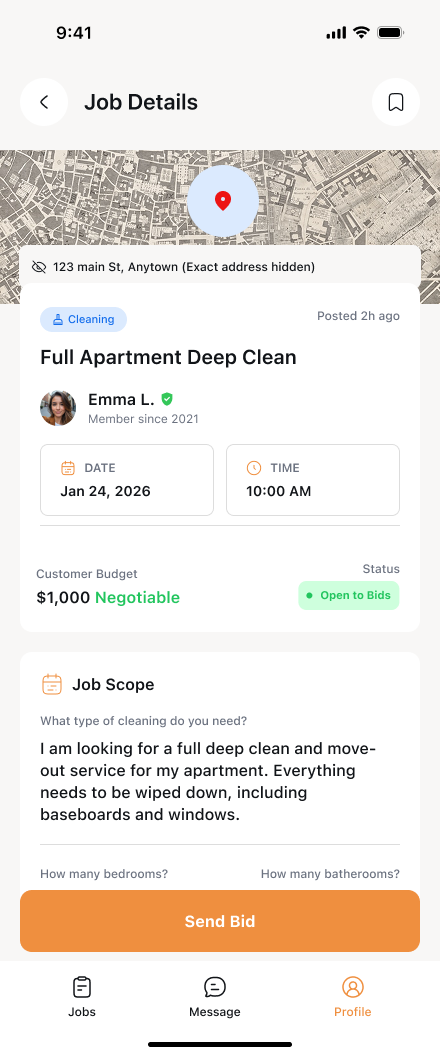 JobPro app job detail screen showing a posted cleaning job with customer budget and Send Bid button