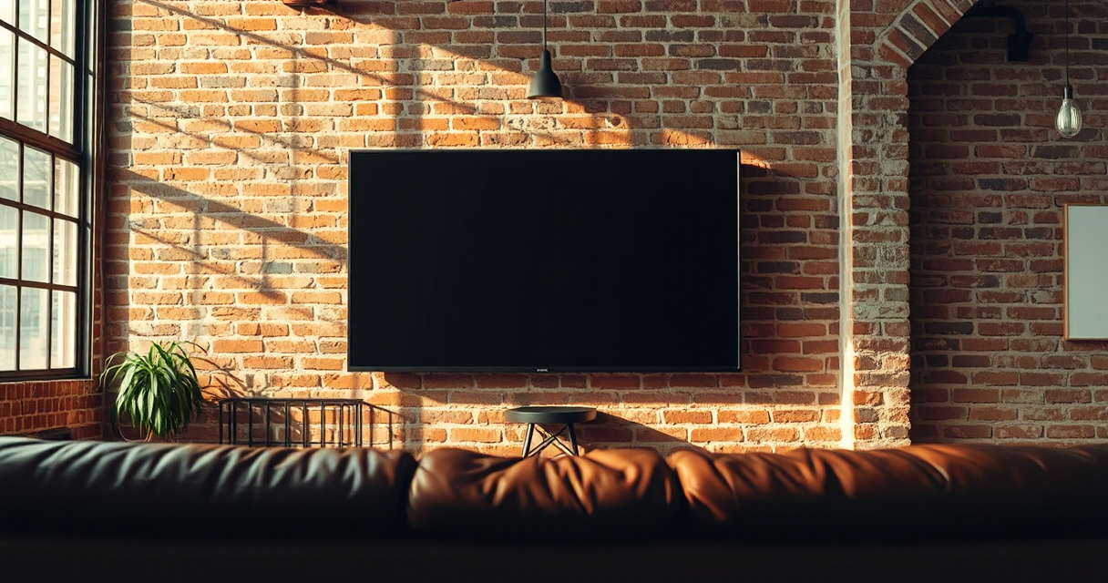 Large flat-screen TV mounted on an exposed brick wall in a loft living room