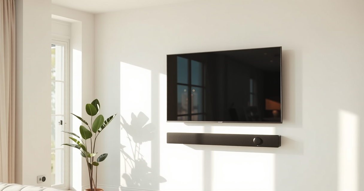 Wall-mounted TV with soundbar and fully hidden in-wall cables, minimalist living room