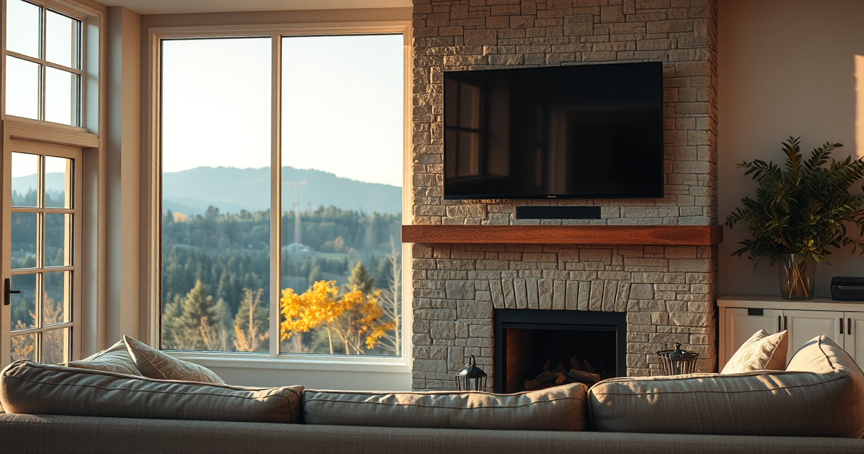 Flat-screen TV mounted above a modern fireplace mantel on a pull-down bracket