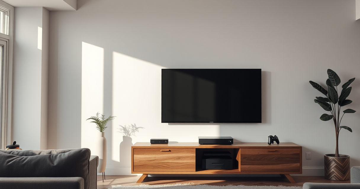 Finished media wall: mounted TV with assembled wooden console and devices neatly connected
