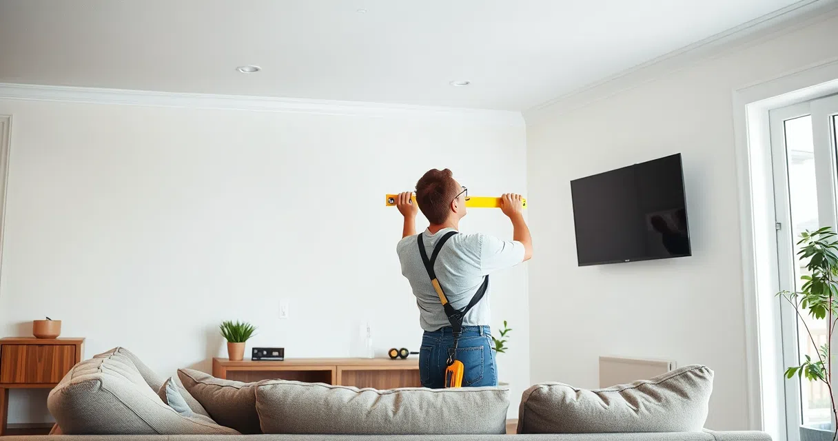 Handyman checking a freshly mounted TV bracket with a level in a bright living room