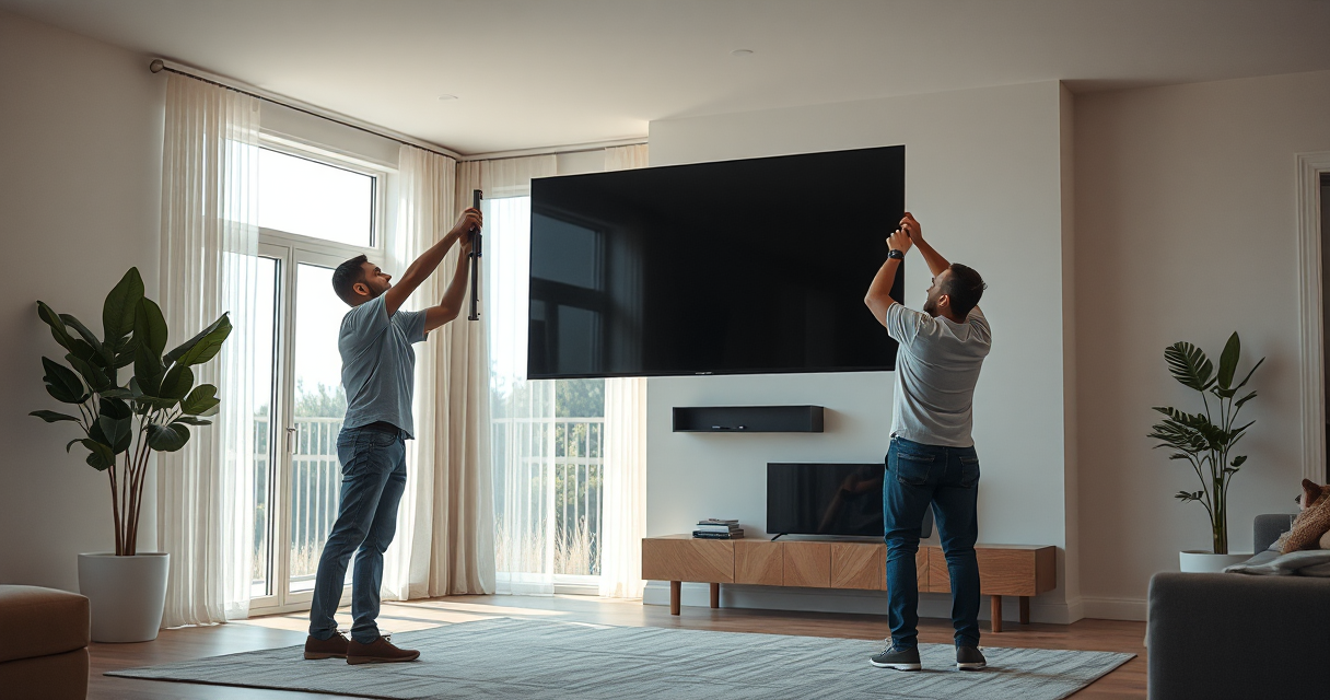 Two installers lifting a large 85-inch TV onto a full-motion wall mount in a bright living room