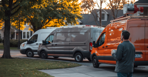 Three unmarked contractor work vans on a suburban street with a homeowner comparing them