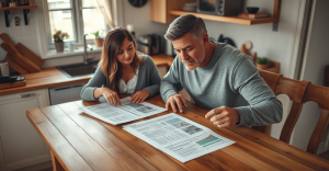 Homeowner couple comparing three contractor quotes at their kitchen table