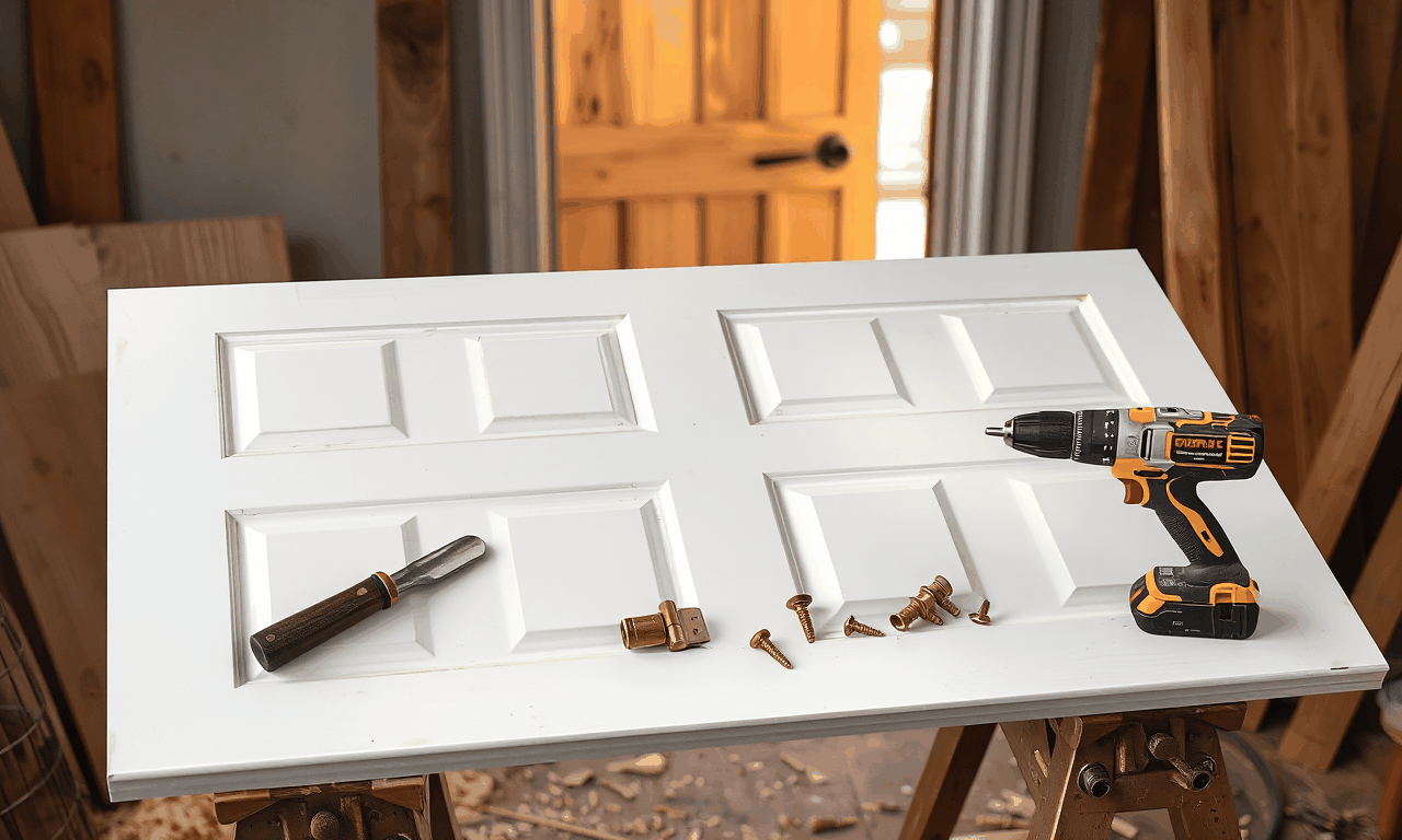 Door installation cost — new door slab on sawhorses with hinges and tools ready to hang