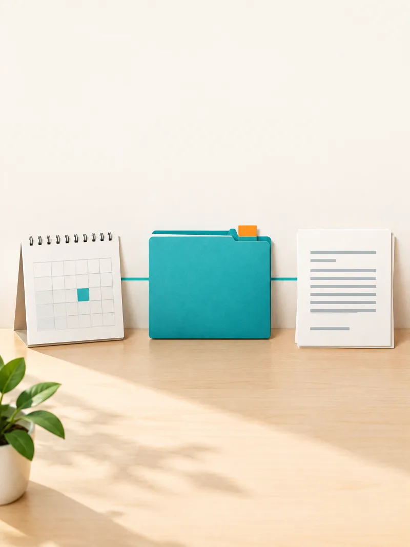 Illustration of a calendar, job folder and invoice connected by a teal line.