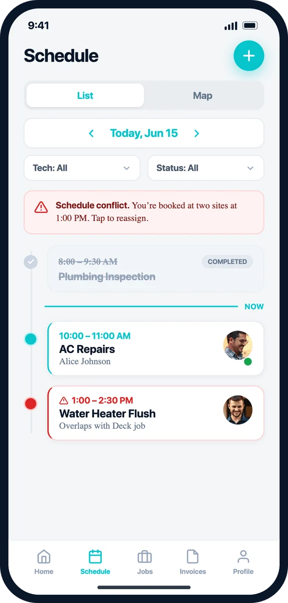 Field schedule and assigned jobs screen