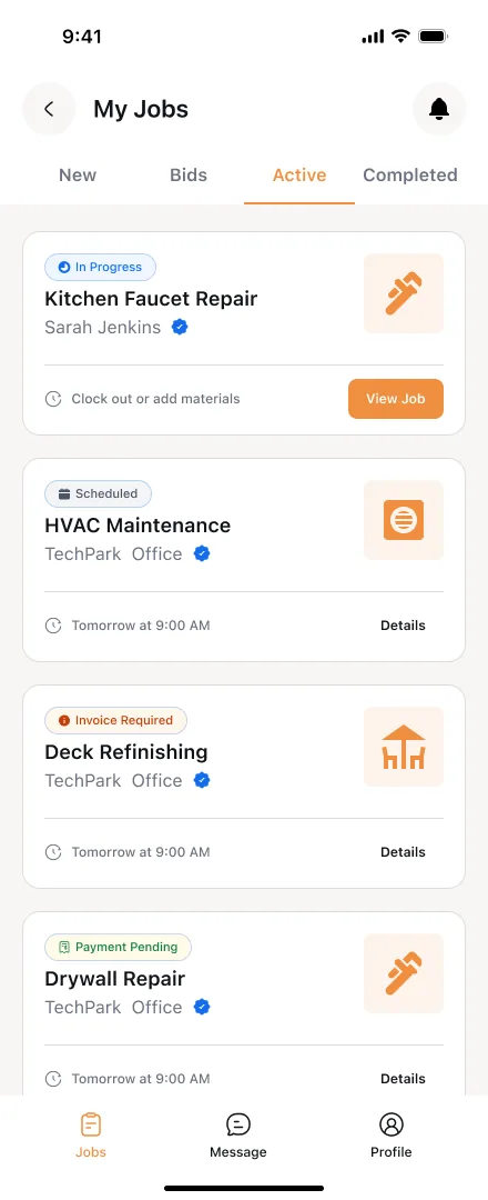 JobPro ‘My jobs’ screen with active jobs marked in progress, scheduled and invoice required