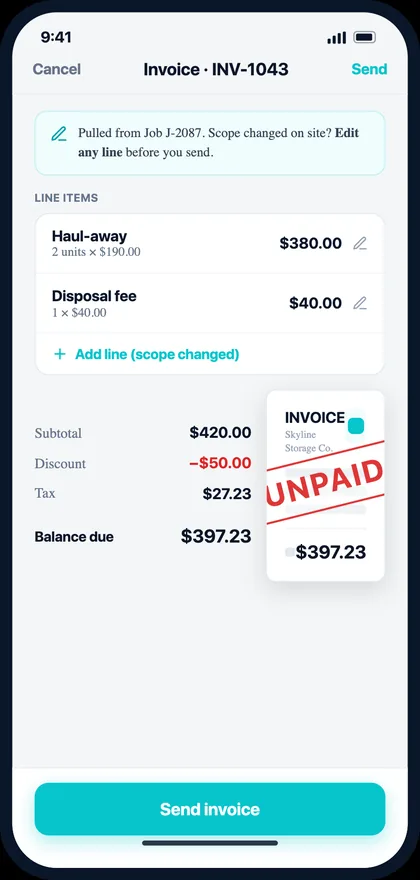 AllBetter Field invoice pulled from a finished job, with line items you can edit before sending