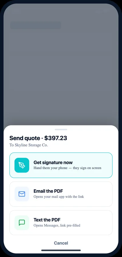 AllBetter Field send-quote sheet with options to email or text the PDF from your phone