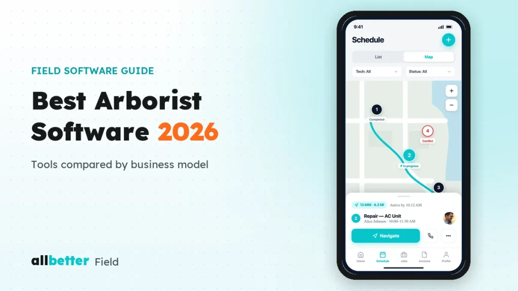 Best arborist software 2026 — AllBetter Field route map of the day's jobs on a phone