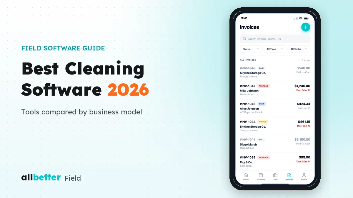 Best cleaning business software 2026 — AllBetter Field invoice list with paid, sent and past-due invoices