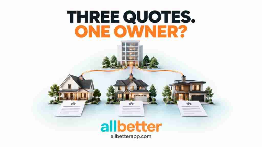 Three homes and estimate sheets connected by orange threads to one office building, illustrating shared business ownership.