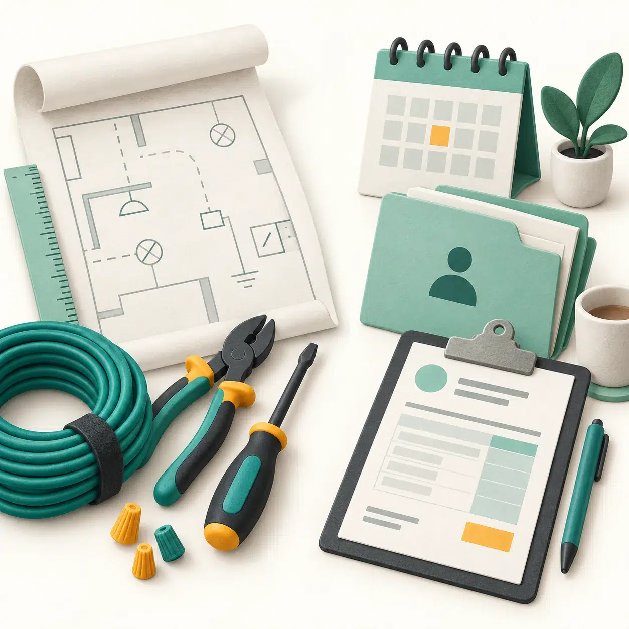 Electrical planning materials and tools beside a separate calendar and invoice clipboard.