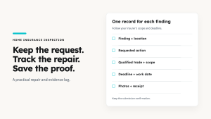 Checklist for recording each insurance inspection finding, requested action, qualified trade, deadline, photos and receipt.