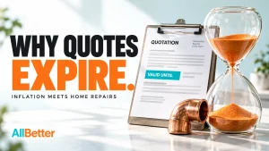 Contractor quote marked valid until beside an hourglass and copper fitting, with the headline Why Quotes Expire.